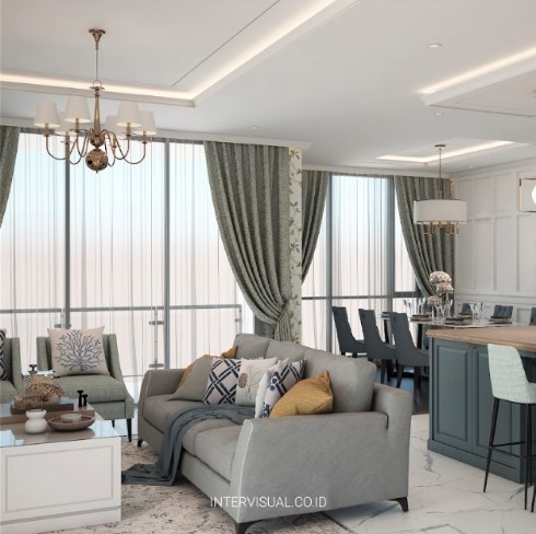 Interior Ruang Keluarga dan Ruang Makan Desain Elegan